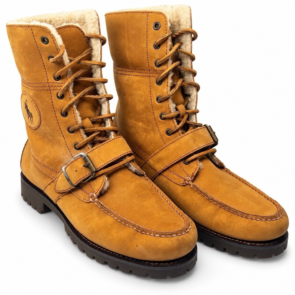 Polo Ralph Lauren Ranger Boots Mens 8 Brown Leather Shearling Moc Toe Buckle